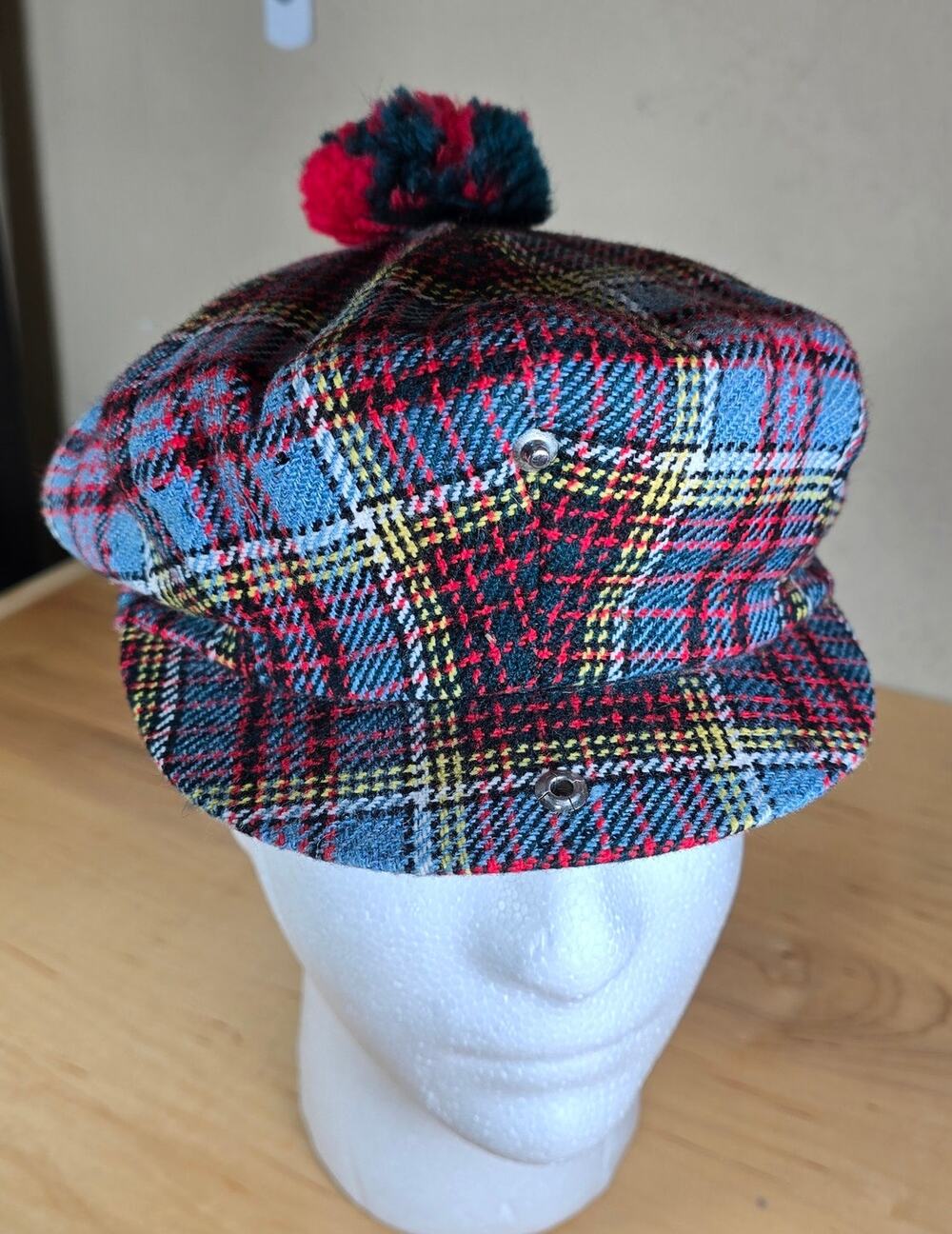 Vintage Tweed Newsboy Angus Young Highland Outfitters Cap 6 7/8 Plaid Snap Pom